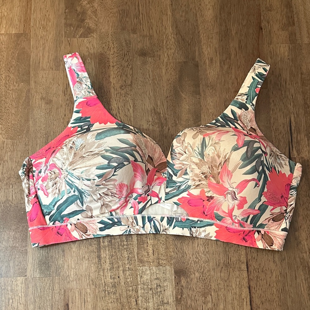 Cacique 42DD Floral Print Lightly Padded Bra in Coral & Green